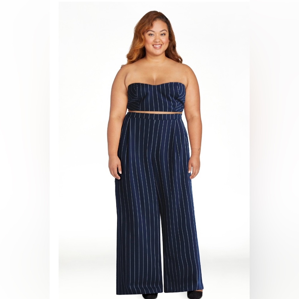 Navy Blue Striped Women's Two Piece Wide Leg Set New